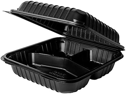 Karat Clamshell Take Out Food Containers [8"x8" - 250 ct] 3-Compartment, Durable, Microwavable, Stackable, Crack-Resistant To Go Boxes | Black - Image 5
