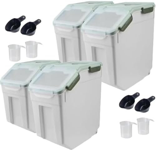 4 Pack Grain Food Storage Container, 20LB Airtight Rice Bin Storage Bucket with Spoon and Measuring Cup, Large Flour Dispenser Container Set 80LB Total Capacity, Green by MCMEICHUANG