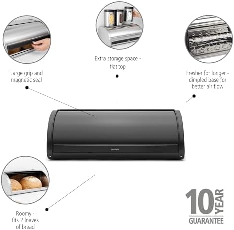 Brabantia Roll Top Bread Box | Large | Matt Black | Metal Front Opening Bread Store for Kitchen Countertop | Partly Flat Top for Extra Storage, Magnet Closing Lid | Fits 2 Loaves - Image 3
