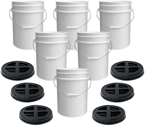 ePackageSupply 5 Gallon Bucket - Food Grade w/Lid BPA-Free, White/Black, 6 | Airtight Gamma Seal Screw-On Lid, Heavy-Duty 90 Mil HDPE Plastic, Food Safe and Durable Container, Bulk Storage, Made in USA by ePackageSupply