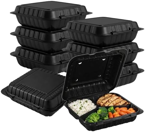 Front Lock MFPP Hinged Food Containers, 9" x 9" Black Vented Clamshell – 3 Compartment Disposable Takeout Boxes, Durable Microwaveable Containers for Restaurants & Food Service – 150 Pack by ProTakeOut