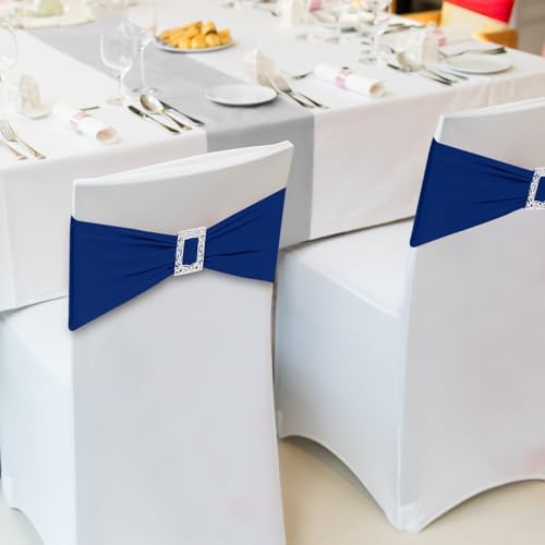 Joccun 120 PCS Spandex Chair Sashes Bows Stretch Chair Cover Band with Buckle Slider Universal Elastic Chair Ties for Wedding Banquet Party Event Decoration (Navy) - Image 6