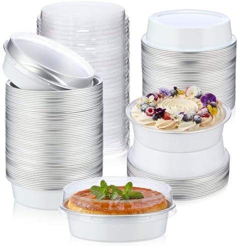 Yinder 8 oz Disposable Creme Brulee Ramekins with Lids, 4 Inch Mini Pie Tins Aluminum Foil Pie Tart Cake Baking Pans Individual Round Containers Oven Safe(White,120 Pcs) by Yinder