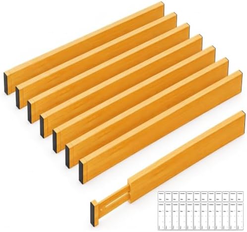 Adjustable Bamboo Drawer Dividers Expandable 8 Pack 17-22 Organizer | Kitchen, Dresser, Closet, Bathroom, Bedroom & Office Storage, Solid Moso Bamboo, Spring-Loaded, 80 Labels by LUXVIOR