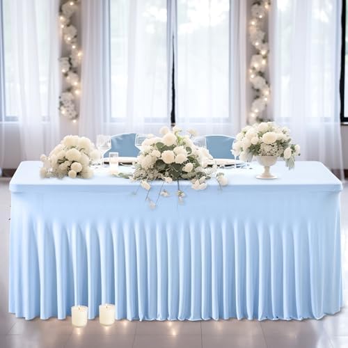 Wish Care 2 Pack Baby Blue Stretch Spandex Table Clothes for 4 Foot Rectangle Tables, 4FT Wrinkle Free Fitted Tablecloths Ruffles Design Table Cover for Party, Banquet, Wedding and Events - Image 5