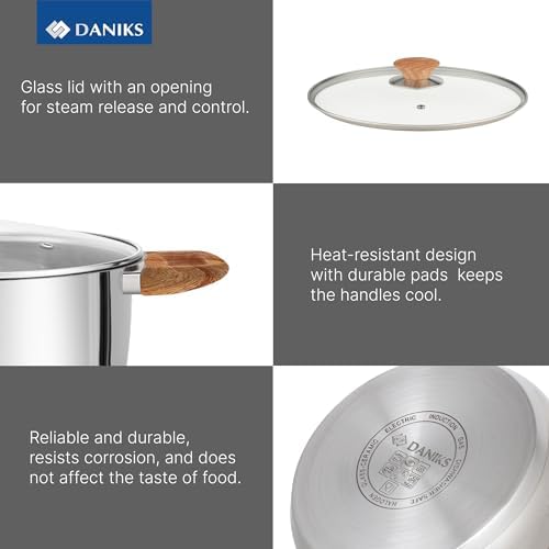 Daniks Oslo 10-Piece Stainless Steel Cookware Set with Glass Lids, Includes Saucepan and Frying Pan with Lid, Tri-Ply Bases for Even Heating, Induction Compatible, Dishwasher Safe, Bakelite Handles - Image 6