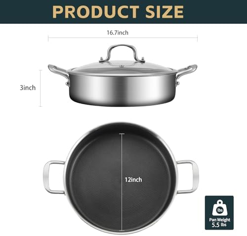Yeksum Tri-Ply Stainless Steel 5 Quarts Saute Pan, 12.5 Inch Nonstick Skillet with lids, Hybird Large Frying Pan,18/10 Chef's Cooking Pan, Induction Pan, Dishwasher and Oven Safe - Image 4