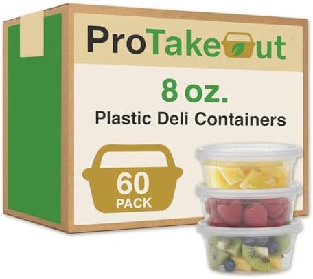8oz [60 set] Heavy Duty Plastic Deli Container | BPA-Free Food Storage with Airtight Leak‑Proof Lids | Microwave, Freezer & Dishwasher Safe – Stackable, Bulk Reusable Soup & Meal Prep Tub by ProTakeOut