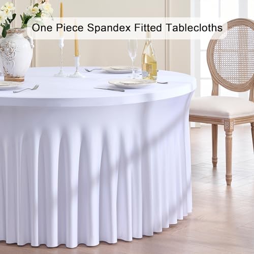 Outpain 12 Pack White Round Spandex Tablecloths for 60in Tables, 120Inch Stretchy Fitted 5FT Round Table Clothes,Wrinkle Free Table Cover with Skirt for Wedding Party Dining Banquet Baby Shower - Image 3