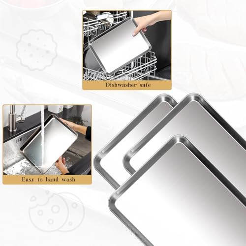 6 Pcs Baking Sheet,Stainless Steel Cookie Sheet,Metal Baking Pan Oven Tray,Commercial Sheet Pan for Oven Baking,Mirror Finish,Easy Clean & Dishwasher Safe,(16x12x1 Inch) - Image 4
