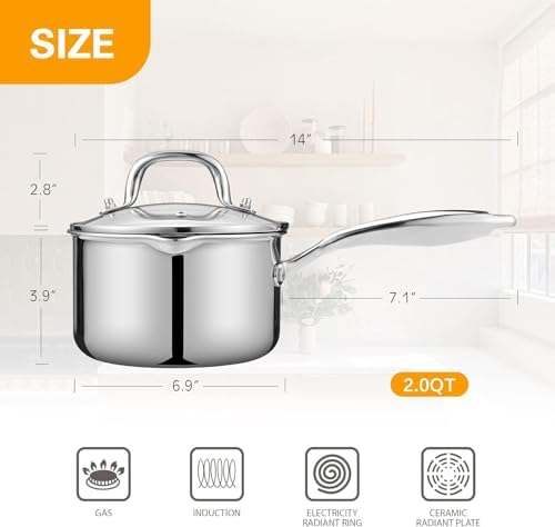 Stainless Steel Saucepan with Glass Lid, 3.0 Quart Multipurpose Sauce Pan with Cover, Sauce Pot Induction Cooking Pot- Easy Pour with Ergonomic Handle - Image 3