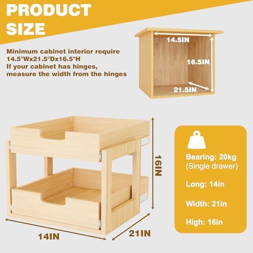 Pull Out Cabinet Organizer, 14''W×21''D×16''H Soft Close Slide Out Wooden Pull out Drawers, Double Tier Slide out Wood Cabinet Organizer, for Base Cabinet Organization in Kitchen, Pantry, Bathroom - Image 2