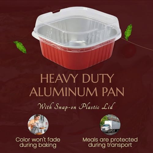 KitchenDance Disposable Foil Cake and Dessert Cup Set with Lid - 4.5 x 4.5" Square Cake Baking Pan for Hotels, Restaurants - Heavy Duty Aluminum Pan for Baking and Preparing Food, #A-24P (50, Red) - Image 3