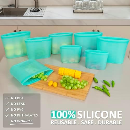 Reusable Food Bags, 8 Pack 100% Silicone Food Storage Bags Stand Up Zip Lock Container, Freezer Microwave Oven Dishwasher Safe, 4 Medium 2 Small 2 Extra Small, Aqua - Image 2
