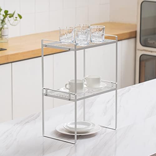 Shantton 2pk Kitchen Cabinet Shelf Counter Organizer Rack Pantry Storage Bathroom Bedroom Office Table Desk Space Saving Steel Frame Stackable Rust Resistant Non Slip White-Tall- L13in W8.3in H9.5in | 2-Pack Stackable Metal Riser Holds 40LBS with Non-S... - Image 2
