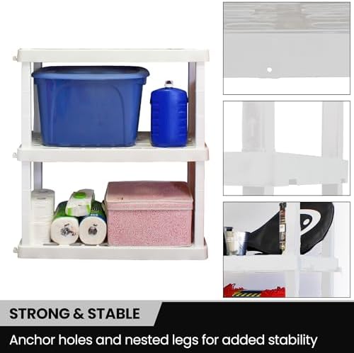 Oskar Heavy Duty Plastic Storage Shelves- for Garage, Kitchen, Bathroom Basement Kids Room, Stackable 3-Tier White, Organizer Rack for Books Shoes, Toys, Pantry, Cleaning and Closet Organization - Image 5