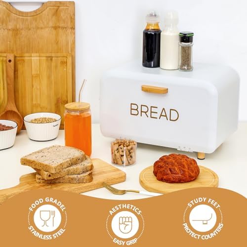 White Bread Box for Kitchen Countertop - Large Capacity Bread Storage Container Farmhouse Bread Box - Stylish Metal Bread Keeper - Image 3