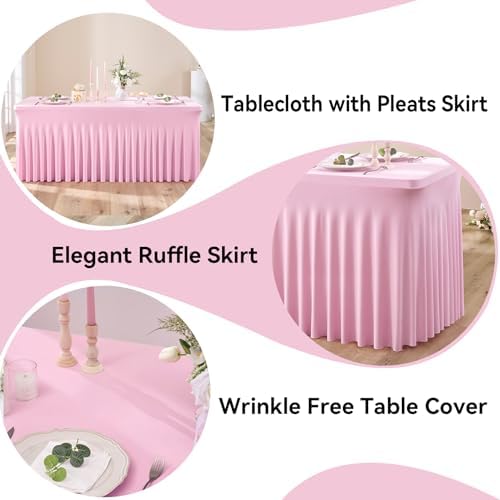 2 pk Baby Pink Spandex Tablecloth 8ft With Ruffled Table Skirt, Wrinkle Free Stretchy Fitted Tablecloths for 8 Foot Rectangle Tables, Elastic Spandex Table Covers for Weddings Parties Banquet - Image 2