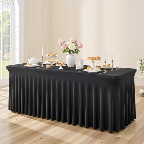 Besutolife Black Spandex Tablecloth with Skirt for 8ft Rectangle Tables 1 Pack - Wrinkle-Resistant, Stretchable, Machine Washable - Perfect for Weddings Banquets Birthday Parties Events by Besutolife