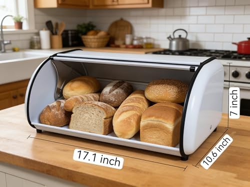 Large Metal Bread Box for Kitchen Countertop, White Roll Top Bin - Image 2
