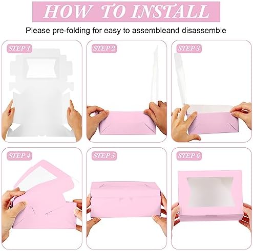 TaoBary 100 Pcs 8 Inch Bakery Boxes 8 x 6 x 2.5 Inch Cookie Pastry Boxes with 2 Style Window for Cookie Treat Chocolate Strawberries Cupcakes Candy Muffins(Pink) - Image 3