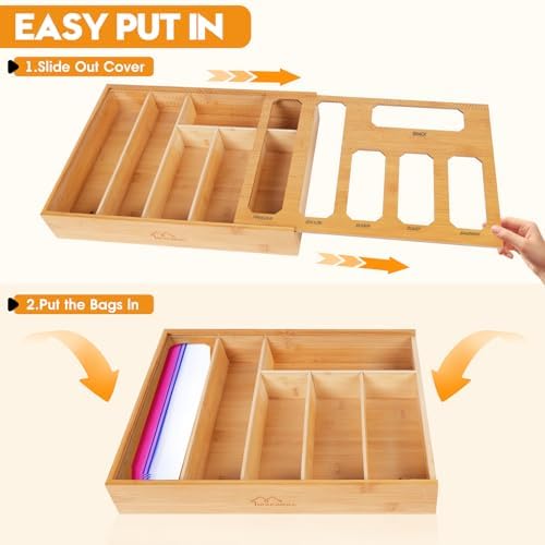 Bamboo Ziplock Bag Organizer for Kitchen Drawer & Wall Mount, Food Storage Baggie Holder, Fits Gallon Quart Sandwich Snack Freezer & Slider Bags, No Assembly, 6 in 1,Natural Color - Image 4