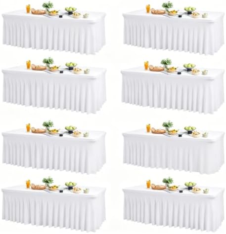 Wish Care 8 Pack White Spandex Table Clothes for 6 Foot Rectangle Tables, 6FT Wrinkle Free Fitted Tablecloths Ruffles Design Table Cloth for Party, Banquet, Wedding and Events by WishCare