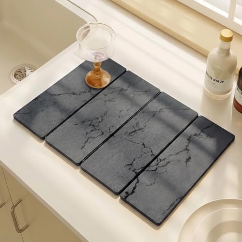 Large Stone Drying Mat for Kitchen Counter, 24"x16" Collapsible Quick Dry Dish Drying Mat, Water-Absorbent Marble Diatomaceous Earth Mats for Bottles Cups Dishes, Match Any Countertop - Image 2
