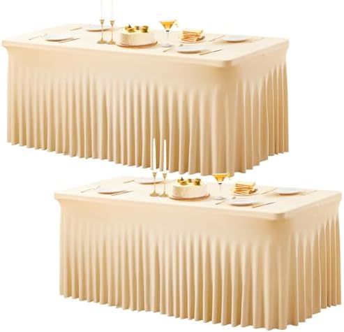 PARTISKY 2 Pack Champagne Spandex Table Cloths for Rectangle Tables 8ft, Champagne Table Skirt for Party, Table Cover with Skirt for Wedding Folding Table Banquet Baby Shower & Birthday Parties by Partisky