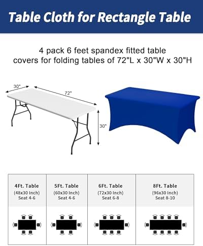 Fixwal 4 Pack 6FT Royal Blue Tablecloth Rectangle Spandex Table Cover - Image 3