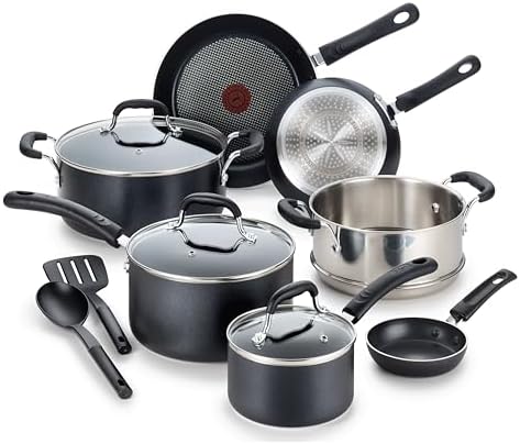 T-fal Experience Nonstick Cookware Set 12 Piece, Induction, Oven Broiler Safe 350F, Kitchen Cooking Set w/Fry Pans, Saucepan, Stockpot, Kitchen Utensils, Pots and Pans, Dishwasher Safe, Black by T-falbrand