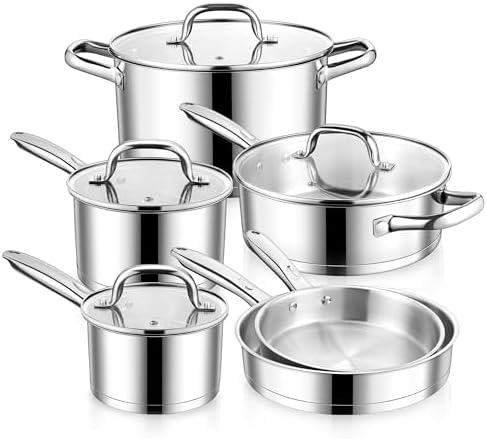 E-far Stainless Steel Cookware Set, 10-Piece Induction Pots and Pans Set by E-far