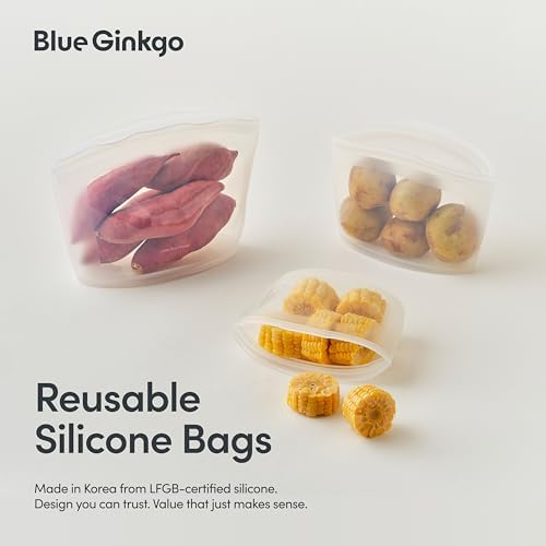 Blue Ginkgo Silicone Food Storage Bags, 4-Pack, Reusable, Made in Korea | Leakproof. Stand Up. Freezer and Dishwasher Safe. (Clear) - Image 2