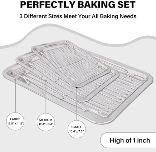 Baking Sheet with Cooling Rack Set, 3 Stainless Steel Baking Pan Cookie Sheet with 3 Cooling Rack, 9/12/16 Inch Cookie Tray Pans for Baking, Non Toxic & Easy Clean - Image 2