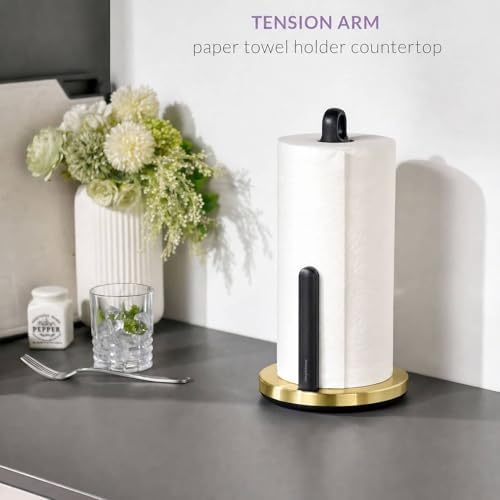 3.3LB Weighted ONE Hand Tear Paper Towel Holder Countertop (Brushed Gold) - Image 2