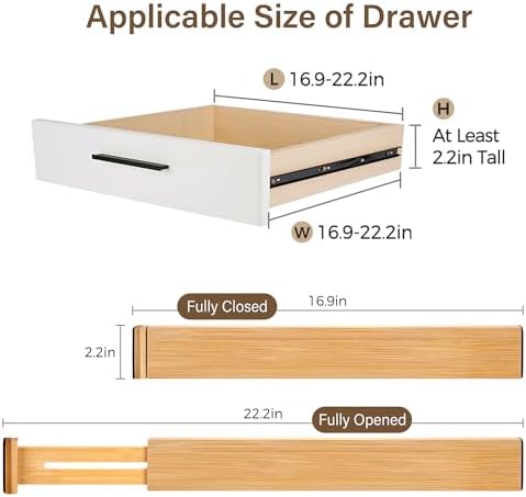 Adjustable Bamboo Drawer Dividers of 8, Expandable Organizers (16.9"-22.2") | Spring-Loaded Kitchen Drawer Organizer, Non-Slip Ends, 2.2" High, Easy Setup & Clean, for Kitchen, Dresser, Clothes, Bath - Image 2