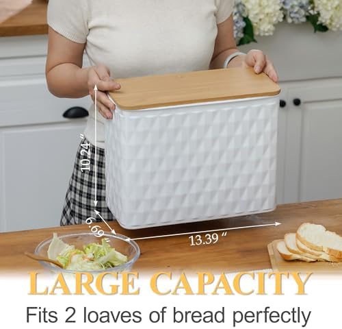 Extra Large Diamond Pattern Embossed Bread Box with Bamboo Lid | Corner Breadbox for Homemade Bread, White Metal Bread Storage Container Bin for Kitchen Countertop, Fits 2 Loaves of Bread - Image 2