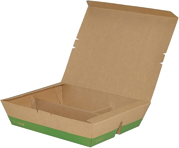 Restaurantware-Eco Tek 50.7 Ounce To Go Boxes, 100 Bento Boxes - 3 Compartments, Tab Lock Closure, Kraft and Green Paper Take Out Box, PLA Lining, For Restaurants or Parties - Image 2