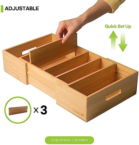 Expandable Bamboo Kitchen Cabinet Organizer for Food Container Lids Holder | Adjustable drawer organizer with 3 dividers for food container lids, bamboo lid organizer for kitchen cabinet lid storage - Image 3