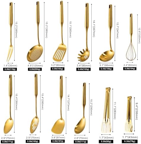 304 Stainless Steel Small and Large Spoons Set, Gold Cooking Utensils Set 12 PCS All Metal Kitchen Tools, stainless steel cookware set -Whisk, Fork, Tongs, Turner, Ladle, Spatula，Skimmer, Pasta - Image 2