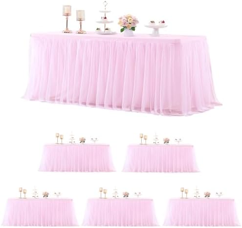 Suppromo 6 Pack 6ft Pink Tulle Tablecloths for Rectangle Tables 72 x 30 Inch Pink Rectangular Table Cloth, Wrinkle Free Table Cover with Tutu Skirt for Baby Shower Birthday Party Banquet Buffet Cake by Suppromo