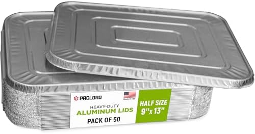 Aluminum Lids for 9" x 13" Half Size Steam Table Pans, Pack of 50 - USA-Made Disposable Foil Lids for Aluminum Trays - Tight-Fit, Leak-Resistant, Heat-Retaining, Oven and Freezer Safe by Paclord