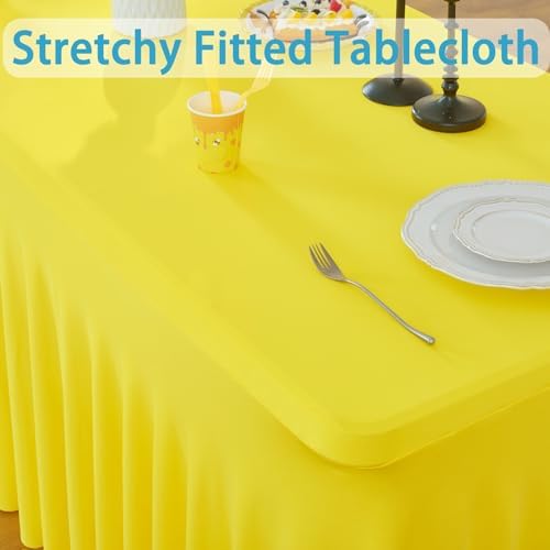 2 Pack Yellow Spandex Table Clothes for 6 Foot Rectangle Tables, Wrinkle Free Lemon Fitted Table Cover 6ft Stretch Tablecloths Desk Skirt for Parties Weddings Birthday Banquet Baby Shower - Image 2
