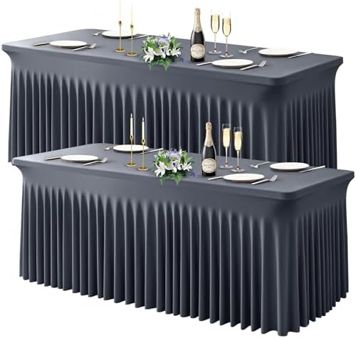 Wish Care 2 Pack Gray Spandex Table Clothes for 4 Foot Rectangle Tables, 4FT Wrinkle Free Fitted Tablecloths Ruffles Design Table Cover for Party, Banquet, Wedding and Events by WishCare