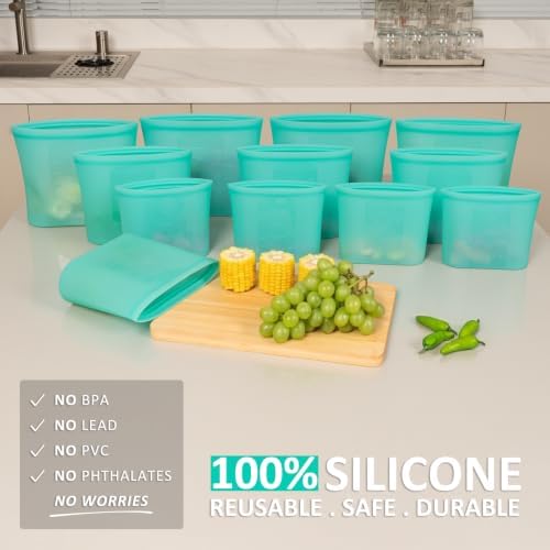 Reusable Food Bags, 12 Pack 100% Silicone Food Storage Bags Stand Up Zip Lock Container, Freezer Microwave Oven Dishwasher Safe, 4 Medium 4 Small 4 Extra Small, Aqua - Image 2