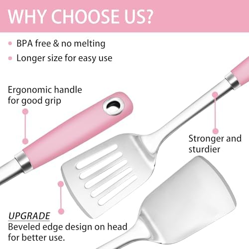 18/0 Stainless Steel Cooking Utensils Set, Heavy Duty Pink Handle for Kitchen Daily Use Party Wedding Housewarming, Dishwasher Safe, 9 Pieces - Image 5