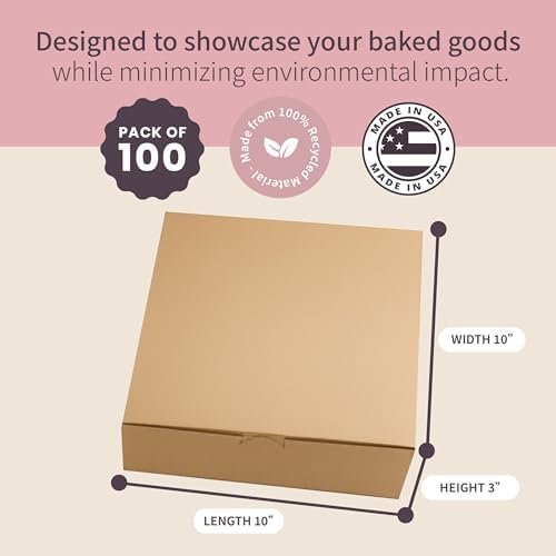 Reversible Bakery Boxes 10 x 10 x 3 in, No Window Lock Corner Pie and Cake Boxes with Front Tuck Lock & Side Clips, Kraft or White Exterior, Microwavable, 100 Pack - Image 2