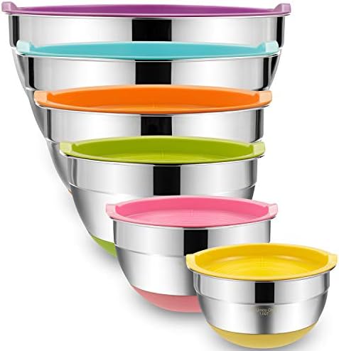 Umite Chef Mixing Bowls with Airtight Lids, 6 Piece Stainless Steel Metal Bowls, Measurement Marks & Colorful Non-Slip Bottoms Size 7, 3.5, 2.5, 2.0,1.5, 1QT, Great for Mixing & Serving by UmiteChef