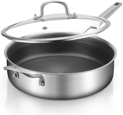 Yeksum Stainless Steel 6 Quarts Saute Pan with lids, Nonsitck 12.5 inch Jumbo Cooker, 3 Layer Deep Frying pan with Stay Cool Handle, Dishwasher and Metal Utensil Safe by YEKSUM