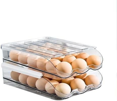 Kitchen Rolling Egg Container for Refrigerator with Lid, Plastic Egg Holder for Refrigerator, Egg Tray for Refrigerator or Fridge Organizer - Pack of 2 Clear by POUUIN